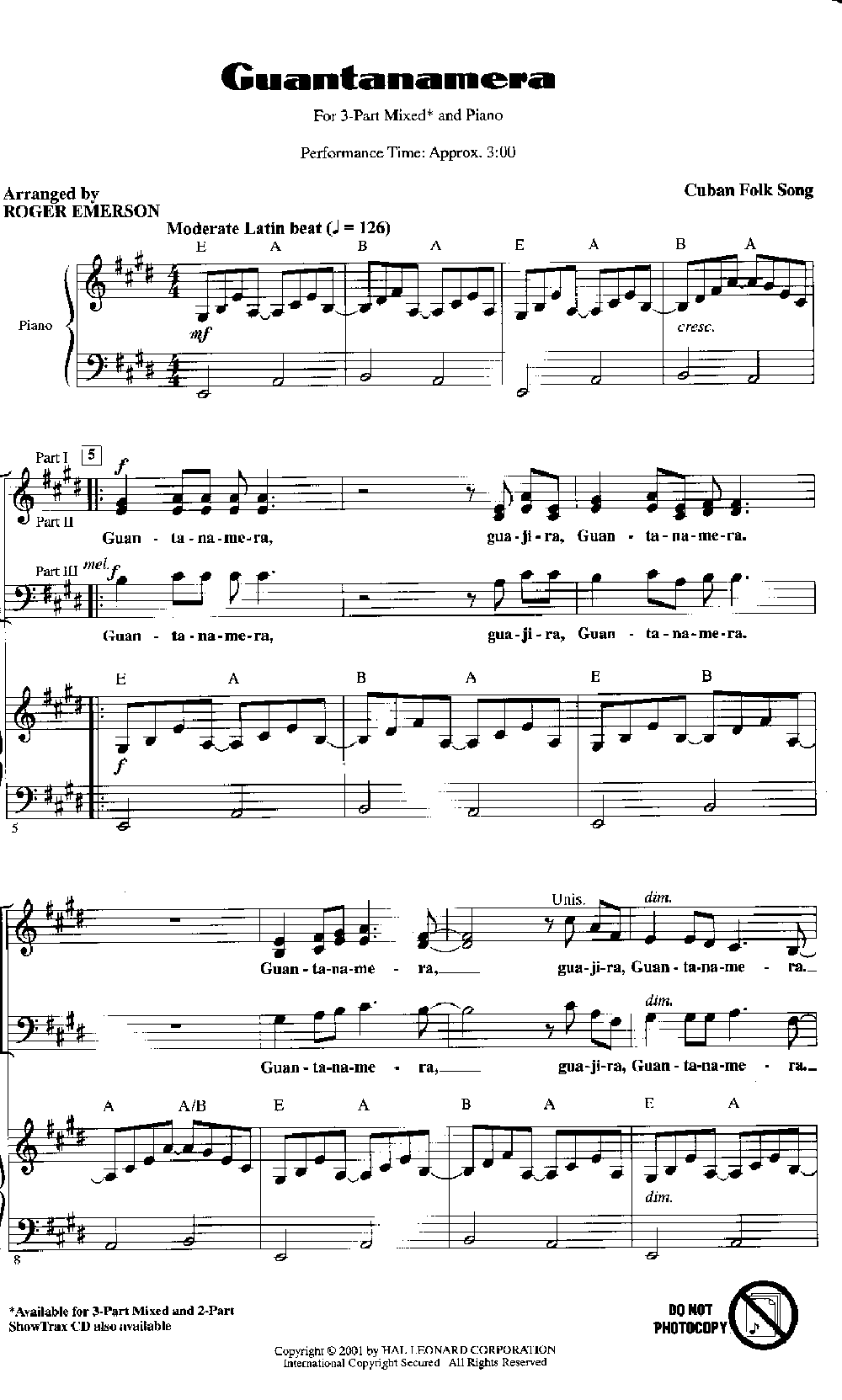 Partitura Coral Guantanamera 2 Voces