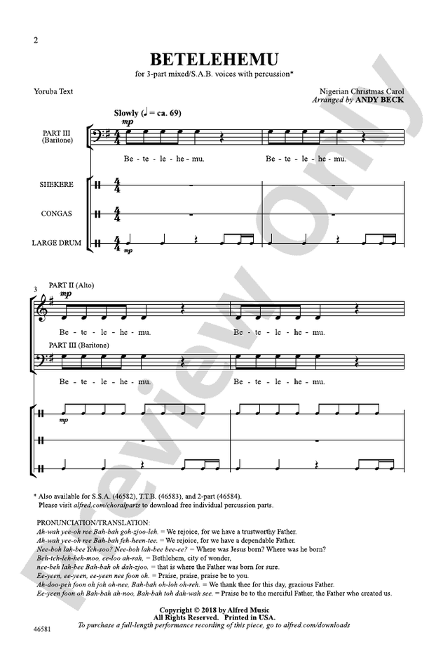 Partitura Coral Betelehemu 3 Voces mix SAB con Percusión