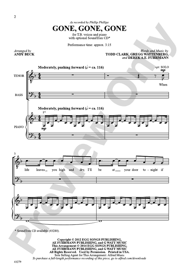 Partitura Coral Gone, Gone, Gone TB with Piano
