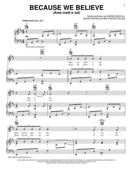 Partitura Because we believe Piano, vocal y Guitarra Andrea Bocelli
