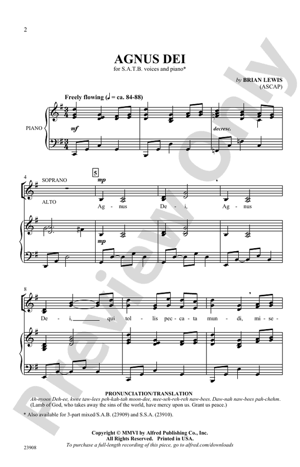 Partitura Coral Agnus Dei SATB con Piano