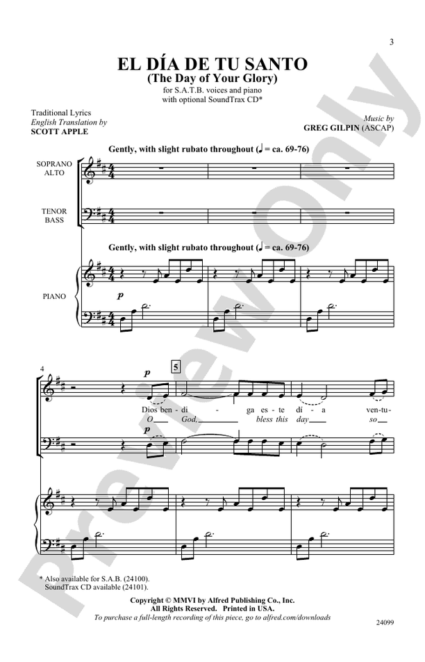 Partitura Coral El día de tu santo (The day of your glory) SATB con Piano