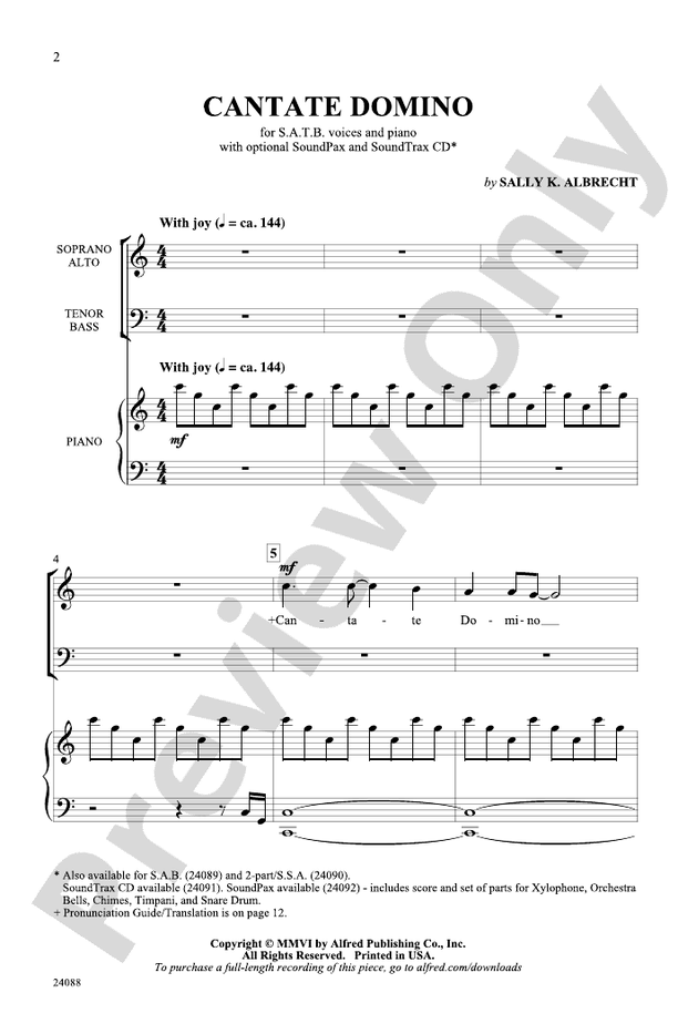 Partitura Coral Cantate Domino 2 Voces mix SSA con Piano