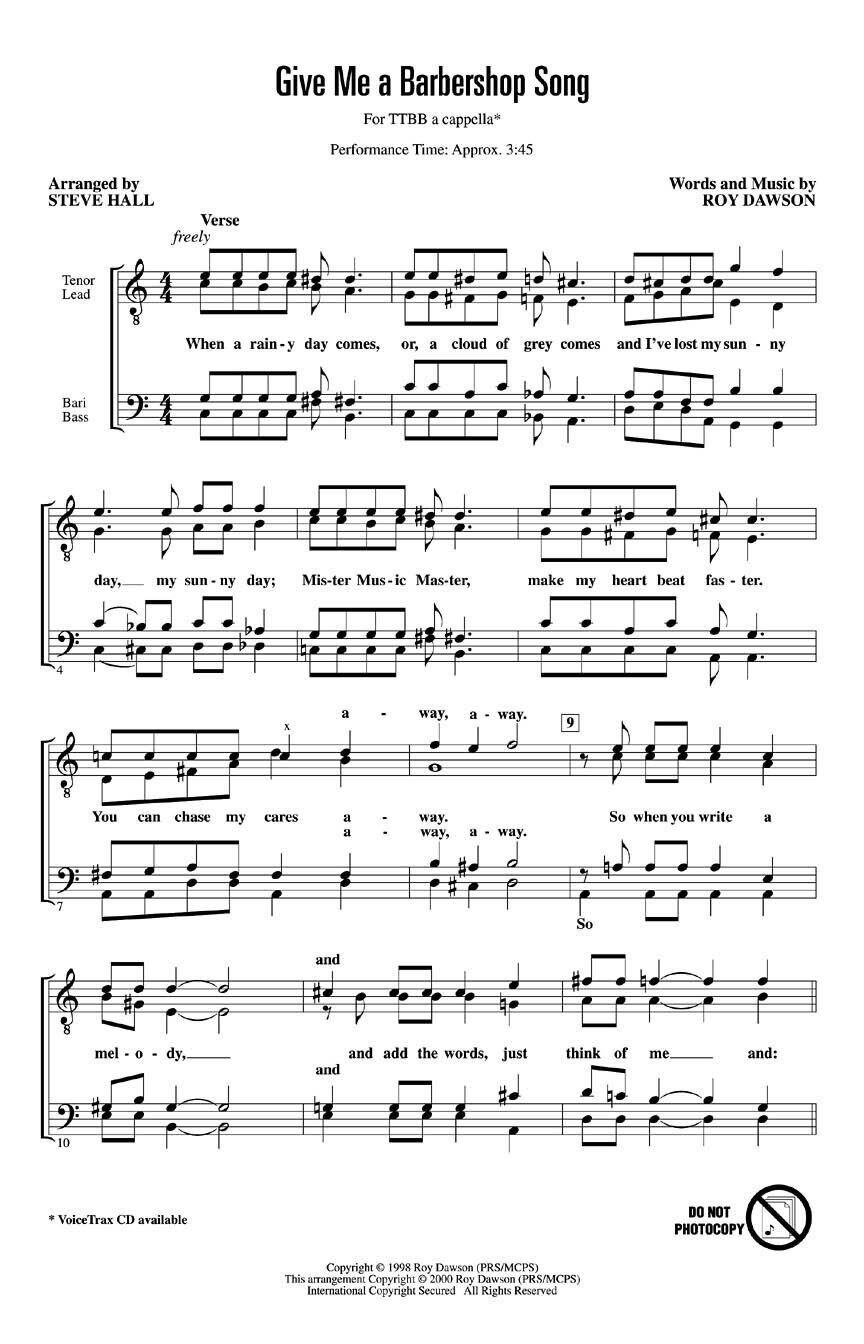 Partitura Coral Give Me a Barbershop Song TTBB a cappella