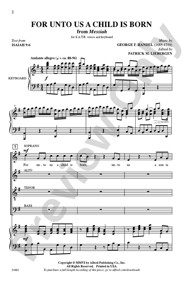 Partitura Coral For unto Us a Child Is Born SATB con Piano