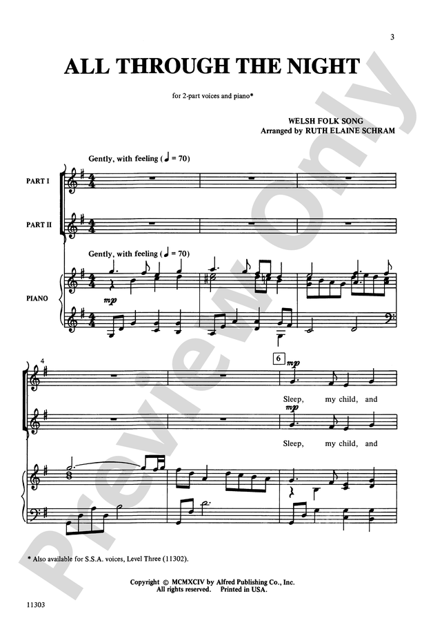 Partitura Coral All through the night SSA con Piano